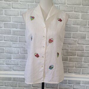 Richard Malcom Irish Linen Sleeveless Top Blouse Embroidered Baskets Coastal Med